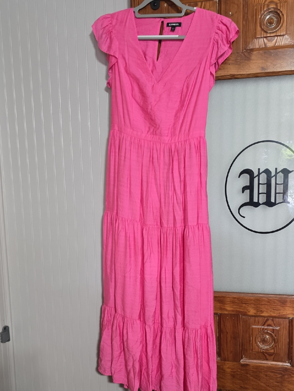 Express Hot Pink Tiered Maxi Dress with Flutter Sleeves
